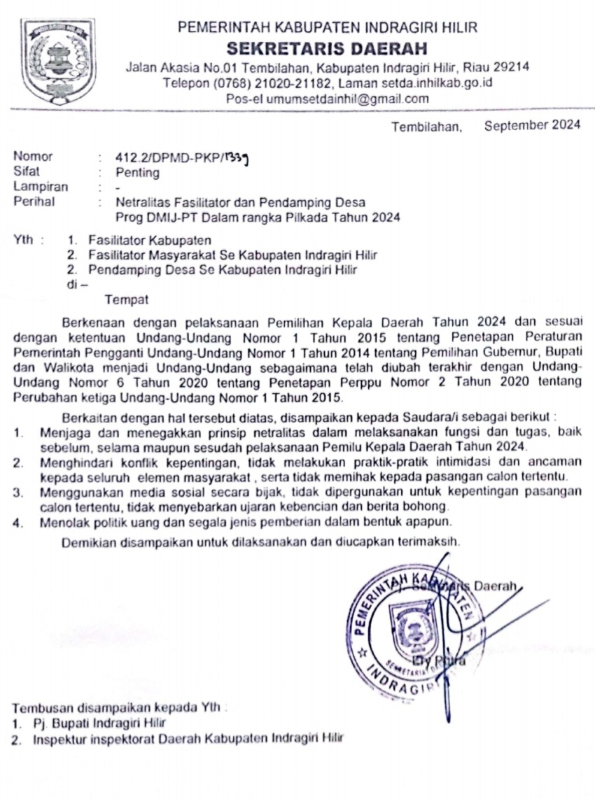 Kepala DPMD Inhil Ingatkan Sanksi Tegas Bagi Yang Tidak Netral Pada Pilkada 2024