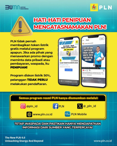 Waspada Penipuan, Pelanggan PLN di Riau dan Kepulauan Riau Dihimbau Hati-Hati terhadap Modus Pembagian Token Listrik Gratis di Sosial Media