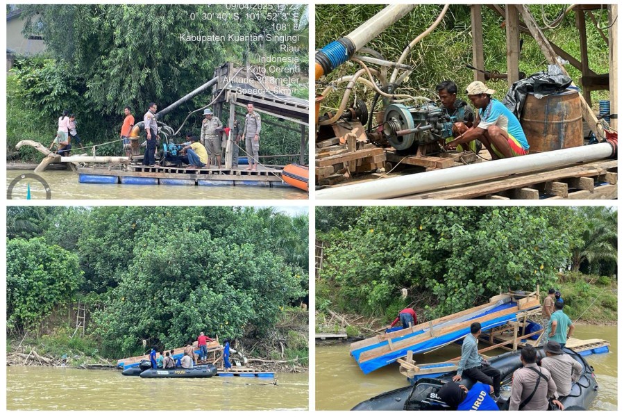 Polres Kuansing Gelar Patroli Gabungan, 55 Rakit PETI Ditemukan di Sungai Kuantan