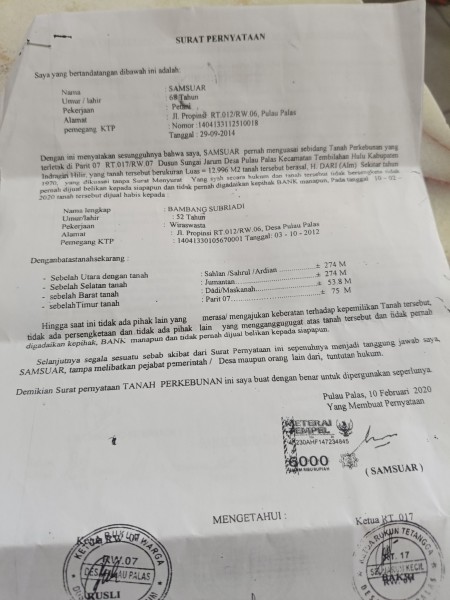 Warga Pulau Palas Laporkan Kehilangan Dokumen Tanah yang Pernah Dikuasai Sejak 1970