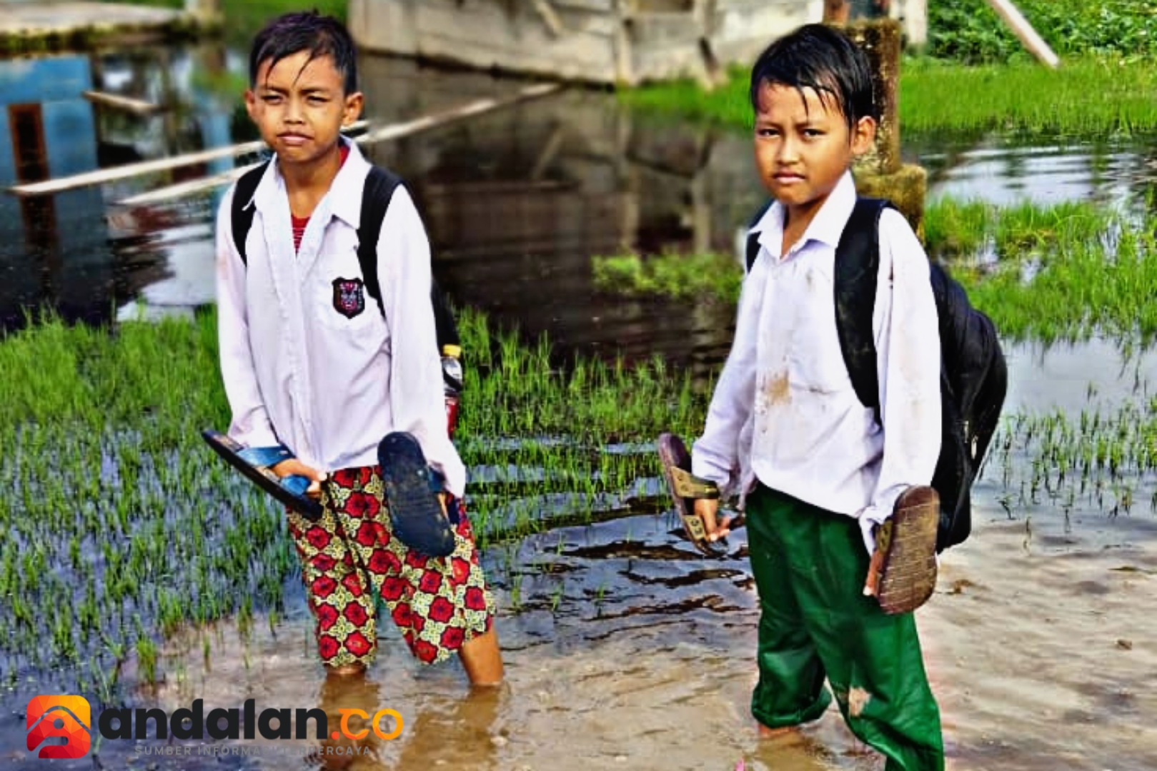 Perjuangan Anak - Anak Kuala Sebatu, Tetap Ke Sekolah Meski Desa Di Kepung Banjir